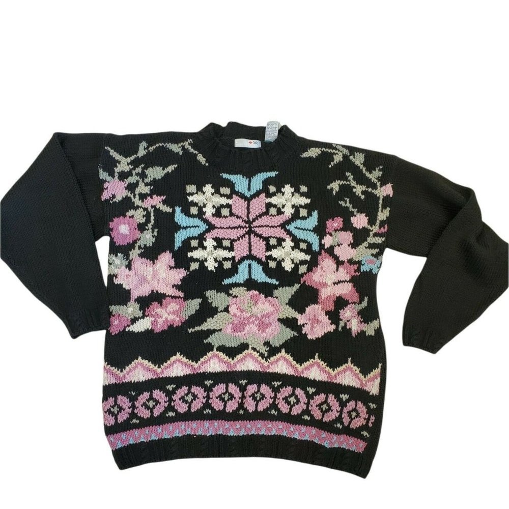Vintage 90s Floral Chunky Sweater Pastel Black Fairy Kei Ramie Sz Medium